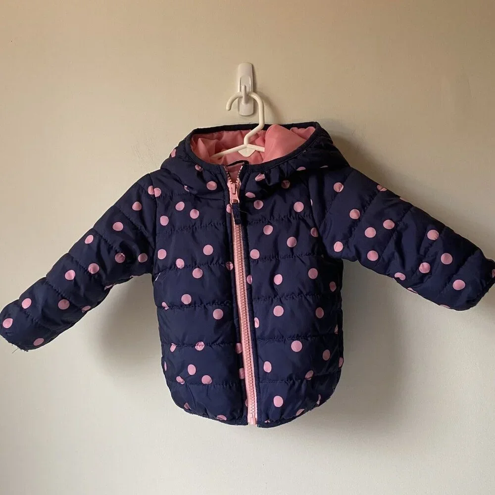 Carter's puffer pink polka‎ dot snow jacket hood zip toddler baby girl size 12 M